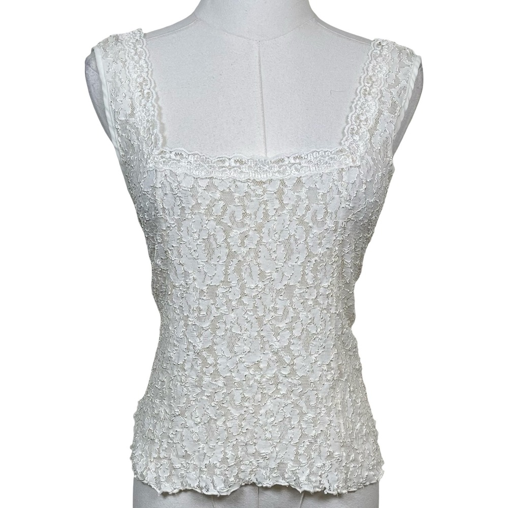 Vintage Cinema Etoile Lace Tank Cami Women L White Square Neck Floral Coquette